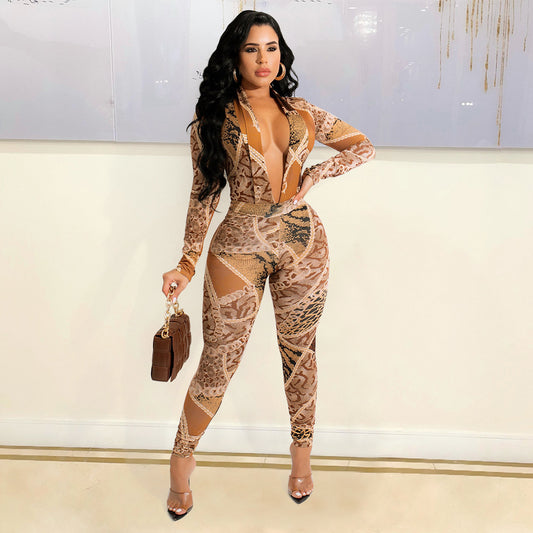 Jumpsuit Long Sleeve Printed Pants Suit