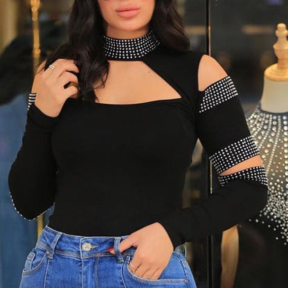 Black Rhinestone Turtleneck Split Top