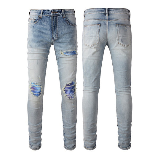 Light Blue Gradient Patch fitted Ripped denim pants