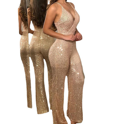 Women's Champagne Suspenders Sequin One-piece