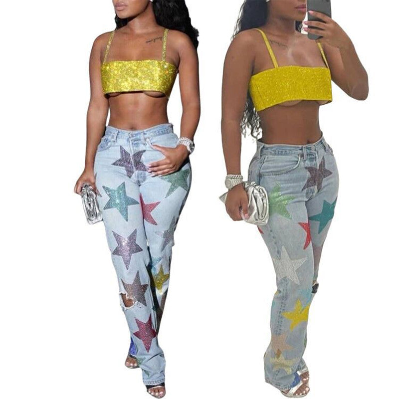 Denim Trousers Sequined Printed Ripped Five-pointed Star Jeans