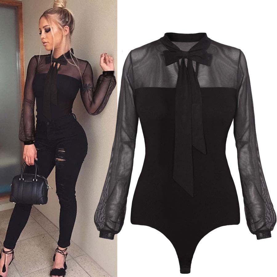 Black bow lace mesh one-piece breezy Longsleeve shirt