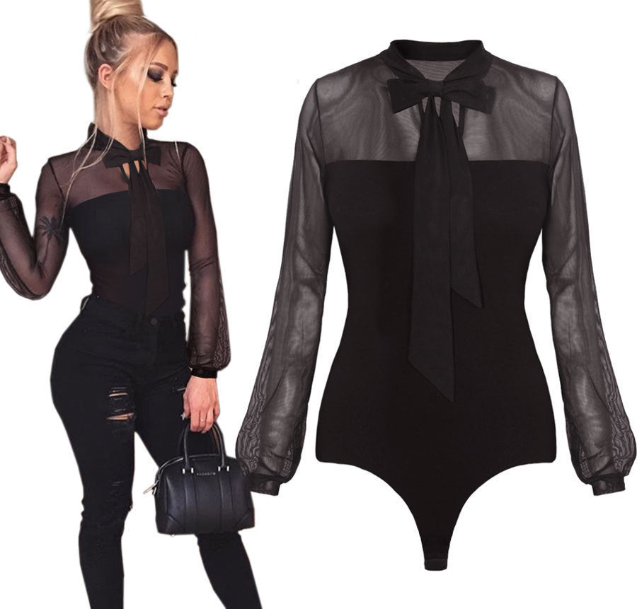 Black bow lace mesh one-piece breezy Longsleeve shirt