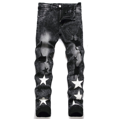 Five-pointed Star patched ripped jean trousers