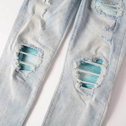 Baby Blue Patched Torn Jeans