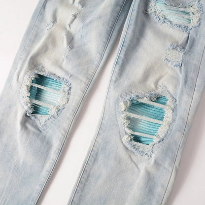 Baby Blue Patched Torn Jeans