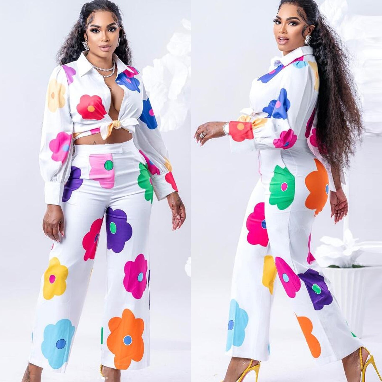 Women's Flower Color Printed Suit, Two-piece Set