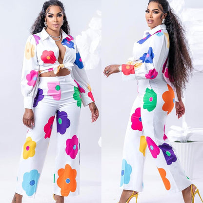 Women's Flower Color Printed Suit, Two-piece Set