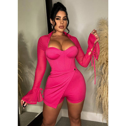 Mesh See-through Bell Sleeve Jumpsuit Shorts