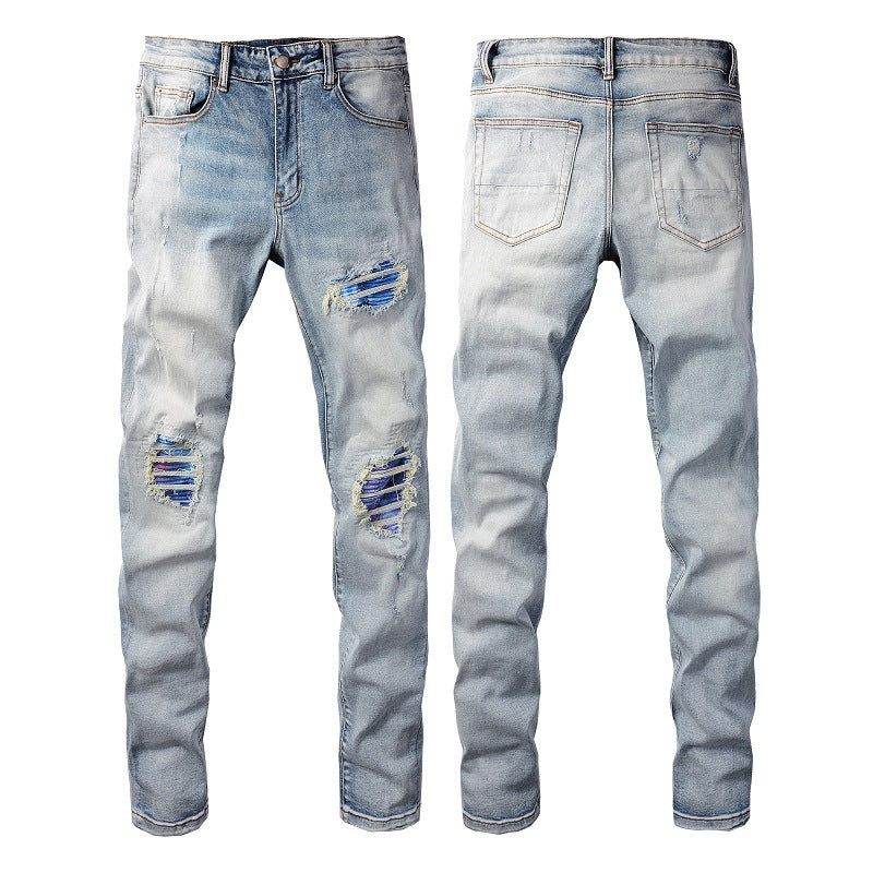 Light Blue Gradient Patch fitted Ripped denim pants