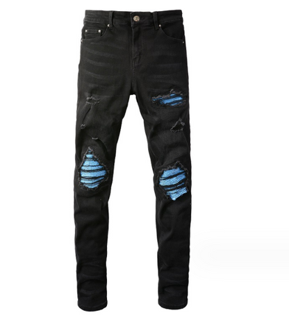 Sky Blue patch fitted ripped Jeans