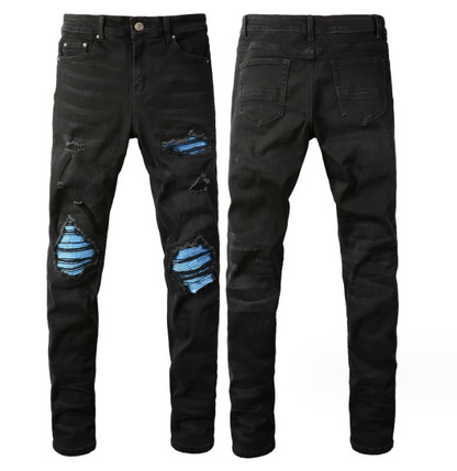 Sky Blue patch fitted ripped Jeans