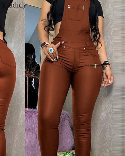 Womens Buckled Zipper PU Suspender Jumpsuit