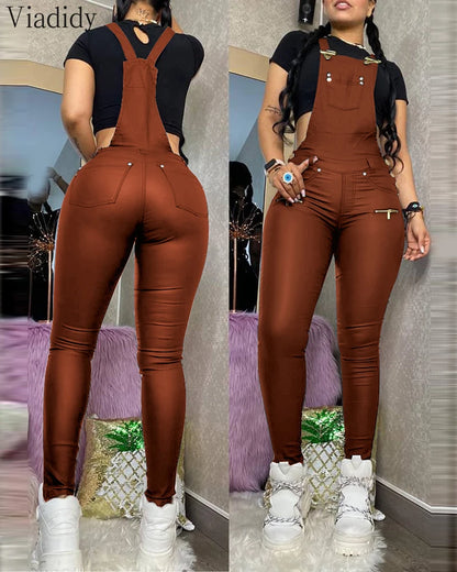 Womens Buckled Zipper PU Suspender Jumpsuit