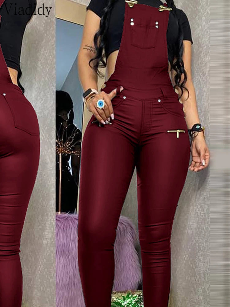 Womens Buckled Zipper PU Suspender Jumpsuit