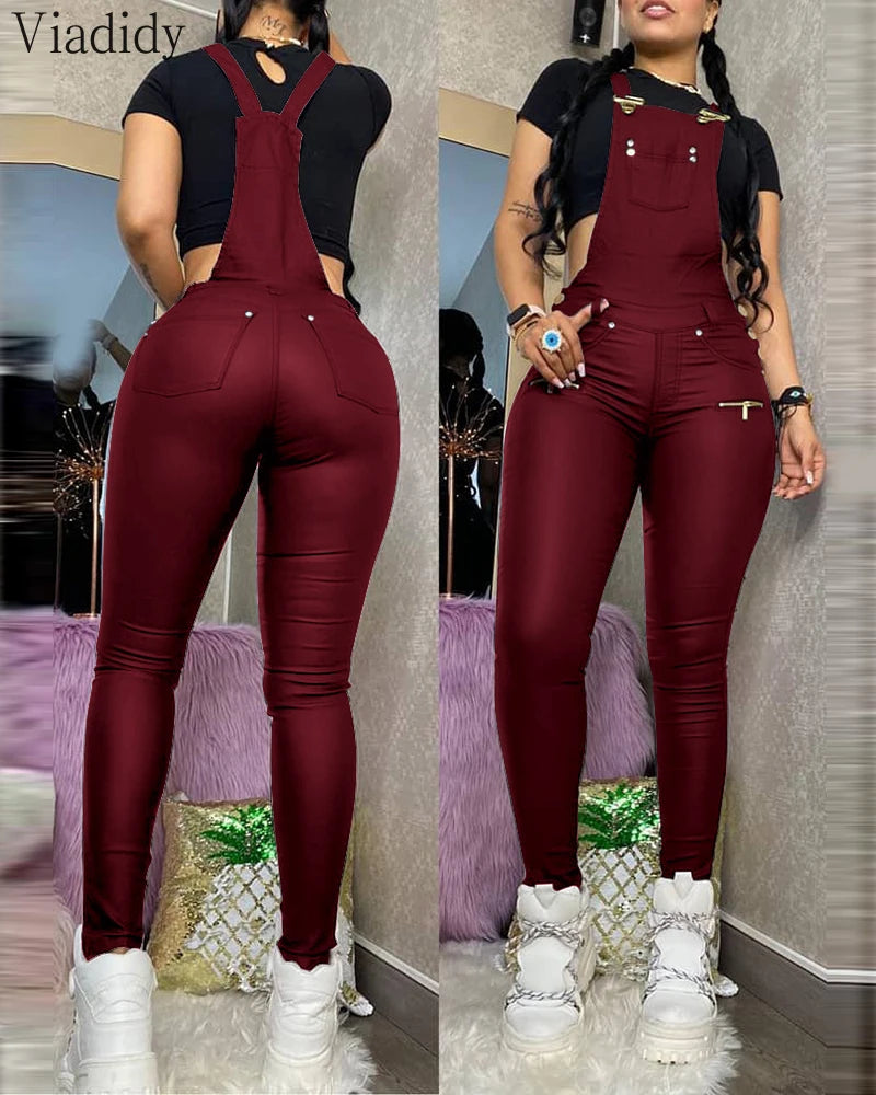 Womens Buckled Zipper PU Suspender Jumpsuit