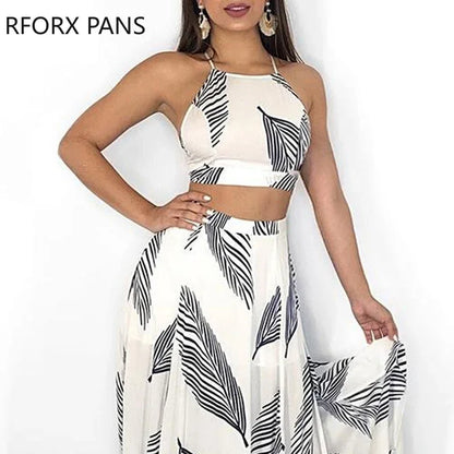 Leaf Print Two Piece Dress Cami Top & Split