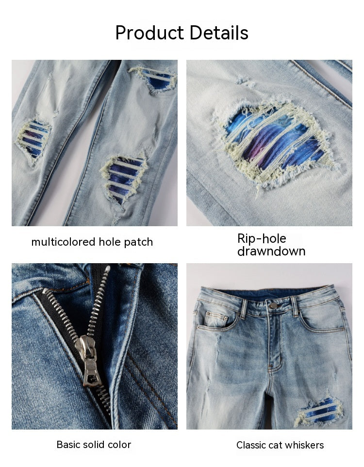 Light Blue Gradient Patch fitted Ripped denim pants