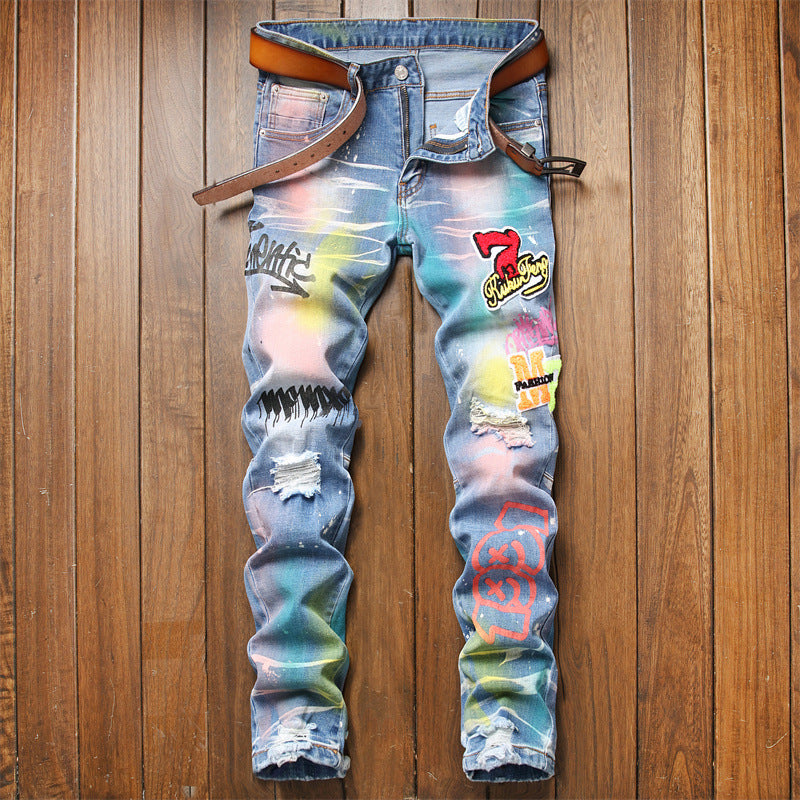 Shredded Patch Blue Painted Jeans