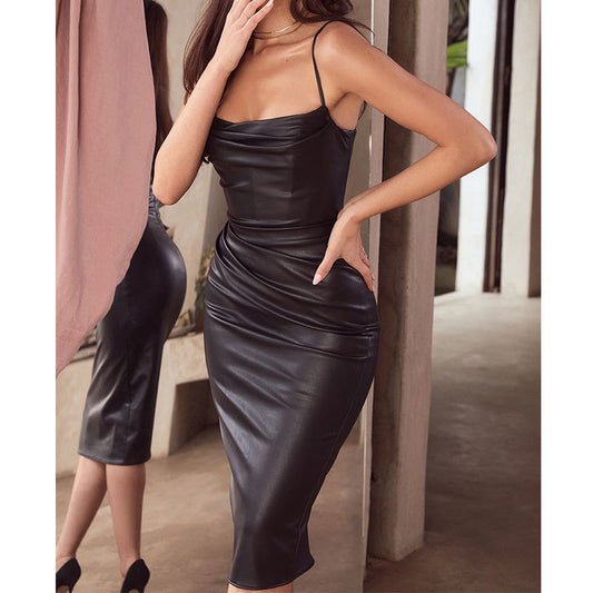 PU Leather Drape fitted dress