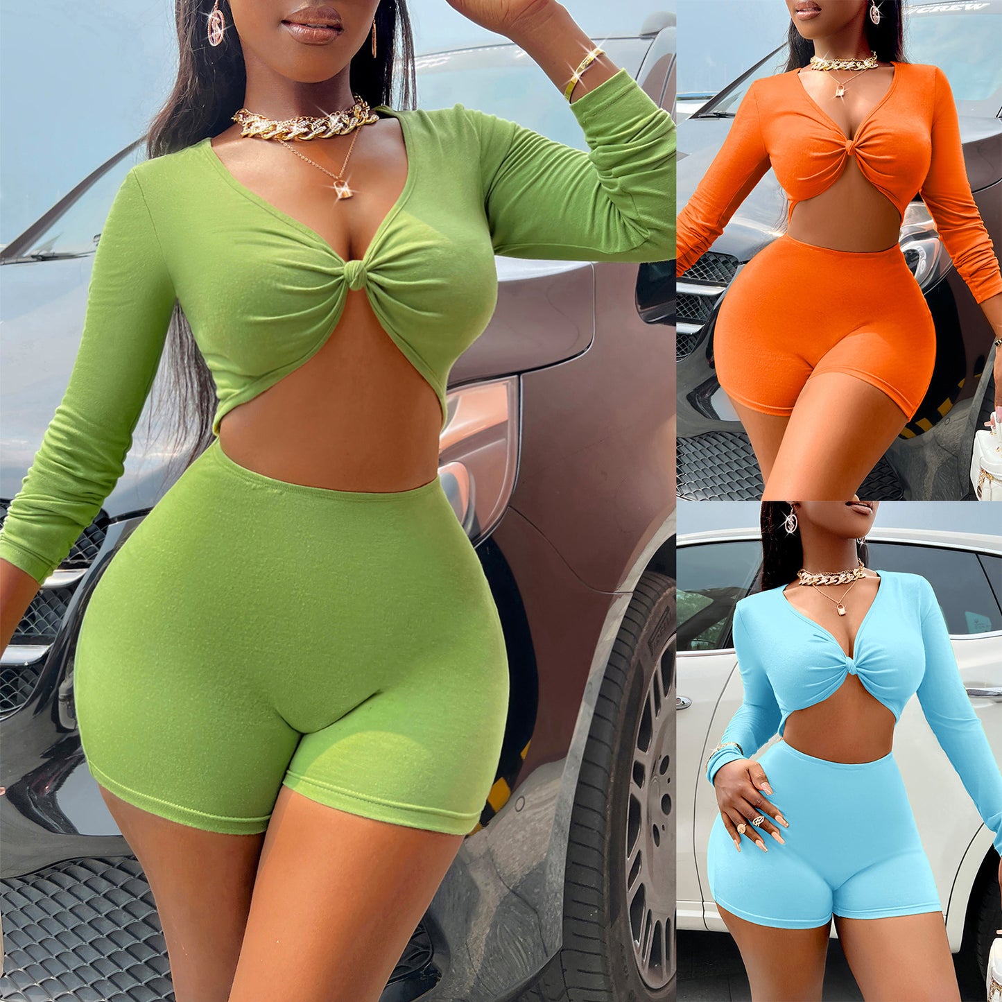 Solid Color Casual Knotted Long Sleeve Jumpsuit