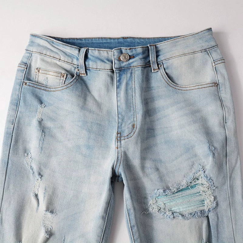 Baby Blue Patched Torn Jeans