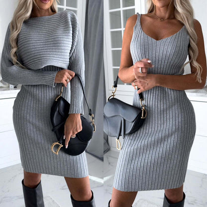 Women's 2pc Long-sleeved Top & fitted Suspender Skirt