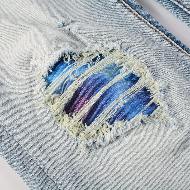 Light Blue Gradient Patch fitted Ripped denim pants