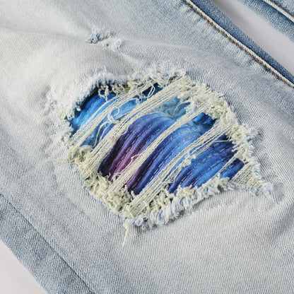 Light Blue Gradient Patch fitted Ripped denim pants