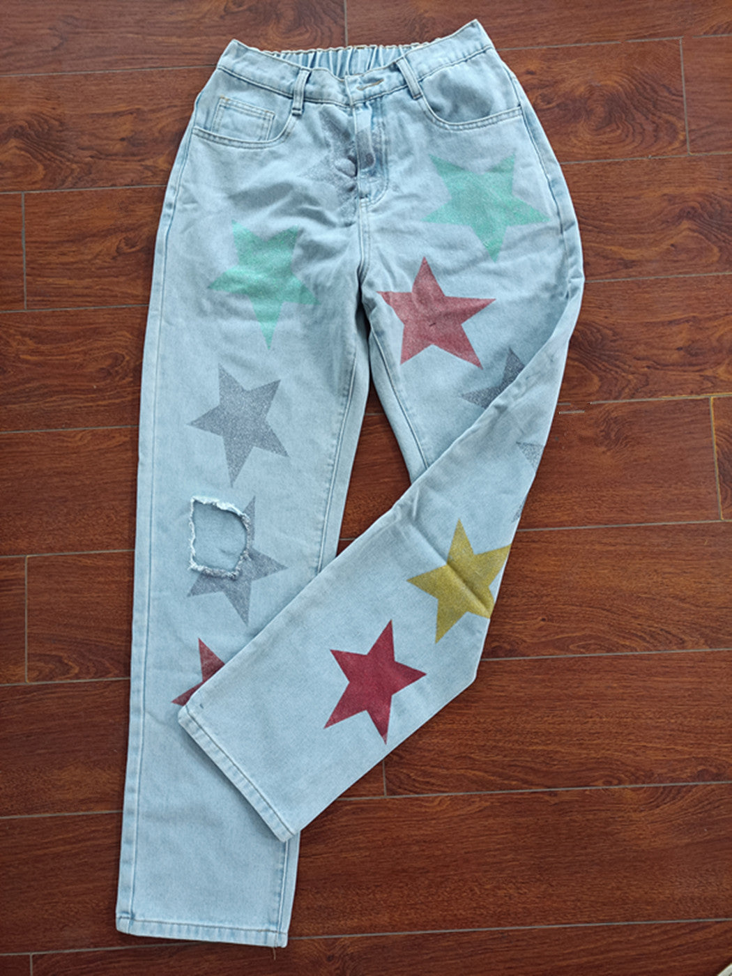 Denim Trousers Sequined Printed Ripped Five-pointed Star Jeans