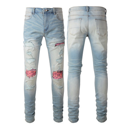 Light color patched ripped jeans